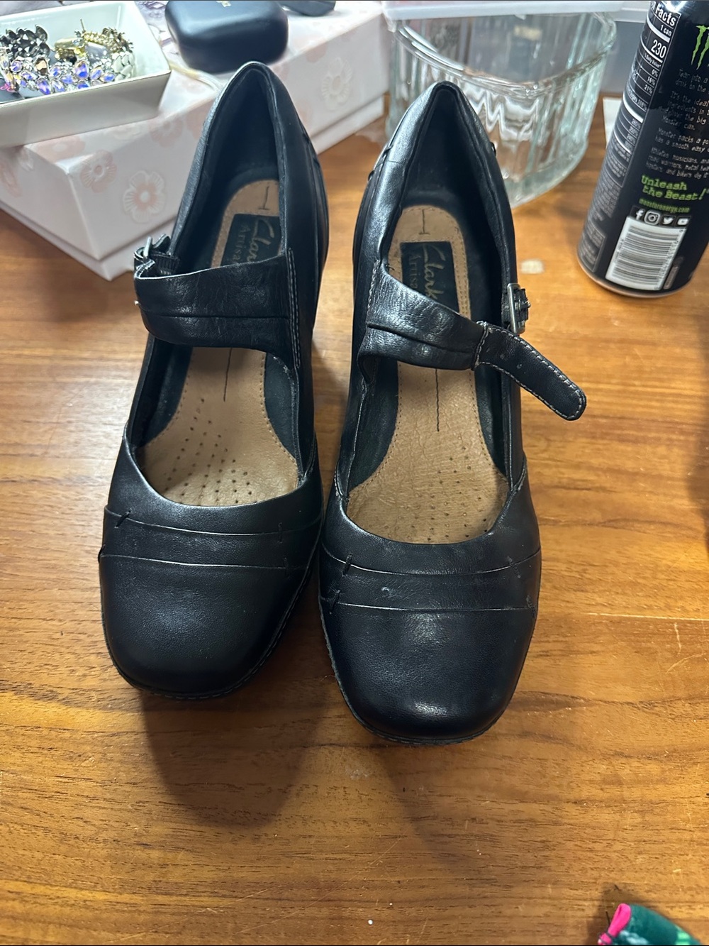 Clarks Black Mary Jane Heeled Pumps with Strap